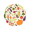 Round decorative composition with fresh raw ripe vegetables or harvested crops. Circular design element with veggie food