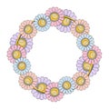 Round decorative frame, copy space, delicate chamomile flowers in pastel colors, vector