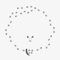 Round decorative frame made of cat footprints, silhouette of white cat, grey tail and sly muzzle. Vector illustration hand-drawn Royalty Free Stock Photo