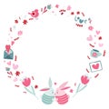 Round decorative frame for Valentine`s Day with kissing cute bunnies