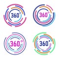 Round 360 degrees signs. Circle diagram, 360 degrees angle panorama, circular 360 degree views isolated vector