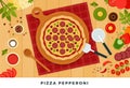 Round delicious pizza pepperoni vector illustration in flat design. Popular fast food. Top view. Royalty Free Stock Photo