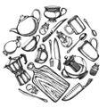 Round design with black and white Chef s knifes, teaspoon, spoon, fork, knife, cutting board, bottle of oil, teapots Royalty Free Stock Photo