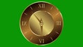 The round dial of a wall clock collapses into small fragments on a green background.Destroying the clock. Breaking the clock.