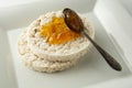 Round dietary rice cakes with jam close up. Healthy breakfast, lose weight. Diet and fitness concept