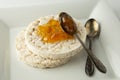 Round dietary rice cakes with jam close up. Healthy breakfast, lose weight. Diet and fitness concept