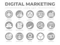 Round Digital Marketing Icon Set. Target Audience, SEO, Email Marketing, Website, Analytics, Customers, Testimonials, Attract,