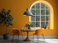 Round dining table and orange chairs in room with arched window and yellow wall. Interior design of modern dining room Royalty Free Stock Photo