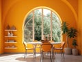 Round dining table and orange chairs in room with arched window and yellow wall. Interior design of modern dining room Royalty Free Stock Photo