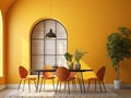 Round dining table and orange chairs in room with arched window and yellow wall. Interior design of modern dining room Royalty Free Stock Photo