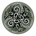 Round dish ornate with Celtic disk and Triskele symbol. Breton folk ethnic sign. Print for logo, icon, fabric, embroidery,