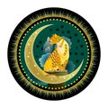 Round dish ornate wits fantastic leopard sitting on the moon. Modern decoration in eastern style. Cover for children fairy tale