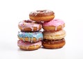 Round donuts pastry with colorful glazing on white background.Macro.AI Generative