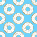 Round donuts with white glaze and pink, green, blue sprinkles. Bright cartoon seamless pattern.