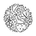 Round doodle template of wine or balsamic vinegar. Hand drawn vector concept. Contour illustration for emblem, sticker, print,