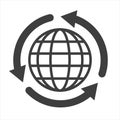 round earth globe with sync arrows around icon, simple linear grid world path shape flat design