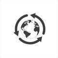 round earth globe with sync arrows around icon, simple linear grid world path shape flat design