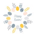 Round Easter wreath with painted eggs and floral branches and leaves, minimalist Scandinavian nordic folk style, vector