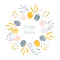 Round Easter wreath with painted eggs and floral branches and leaves, minimalist Scandinavian nordic folk style, vector