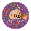 Round emblem of Mexican kitchen with skull and tacos. Vector graphics