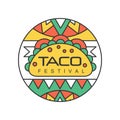 Round emblem with Mexican traditional street food. Taco festival concept. Abstract vector design for logo, badge, label