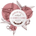 Round emblem with type design over hand drawn colorful camu camu branches