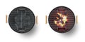 Round empty barbecue grill top view vector set. Unlit grill with Charcoal and another with burning coals. Royalty Free Stock Photo
