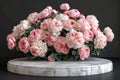 Round empty marble podium with peony flower background for elegant product presentation