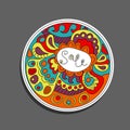 Round ethnic sticker with Doodle patterns in bright African colors on a gray background.