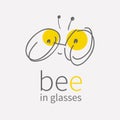 Round eye glasses Logo.Linear hand draw cartoon smiling cute little bee.Kawai bug icon.Flat sign.Business internet