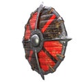Round fantasy wooden shield with iron inserts on an isolated white background. 3d illustration Royalty Free Stock Photo