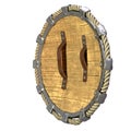 Round fantasy wooden shield with iron inserts on an isolated white background. 3d illustration Royalty Free Stock Photo