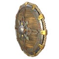 Round fantasy wooden shield with iron inserts on an isolated white background. 3d illustration Royalty Free Stock Photo