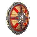 Round fantasy wooden shield with iron inserts on an isolated white background. 3d illustration Royalty Free Stock Photo