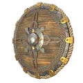 Round fantasy wooden shield with iron inserts on an isolated white background. 3d illustration
