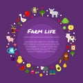 Round farm flat banners depicting life in countryside animals isolated vector illustration