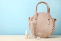 Round female handbag and cosmetics Royalty Free Stock Photo