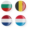 Round flags of Bulgaria, Belgium, Netherlands, Luxembourg. Pin buttons. Royalty Free Stock Photo