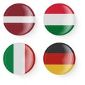 Round flags of Latvia, Hungary, Italy, Germany. Pin buttons. Royalty Free Stock Photo