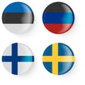 Round flags of Sweden, Finland, Donetsk People's Republic, Estonia. Pin buttons.