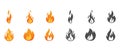 Round flame, camp fire, Hazard bonfire extremely. Fire flames icon set