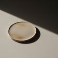 A round, flat disk with a gradient pattern of beige and light brown sits on a smooth, pale surface. Royalty Free Stock Photo