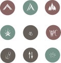 Round flat icons for camping, white lines on cool gray, green, maroon background, hand drawn