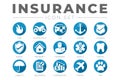 Round Flat Insurance Icon Set with Car, Property, Fire, Life, Pet, Travel, Dental, Health, Marine, Liability Insurance Icons