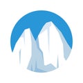 Round floating iceberg, drifting arctic glacier, block of frozen ocean water. Icy mountains with snow. Melting ice peak