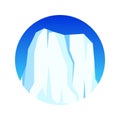 Round floating iceberg, drifting arctic glacier, block of frozen ocean water. Icy mountains with snow. Melting ice peak