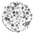 Round floral design with black and white astilbe, craspedia, blue eryngo, lagurus, cotton, gypsophila