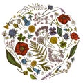 Round Floral Design With Colored Shepherd`s Purse, Heather, Fern, Wild Garlic, Clover, Globethistle, Gentiana, Astilbe