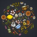 Round floral design on dark background with cinnamon, lemons, oranges, tea bag, sugar cubes, heather, chamomile, dog Royalty Free Stock Photo