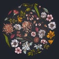 Round floral design on dark background with japanese chrysanthemum, blackberry lily, eucalyptus flower, anemone, iris